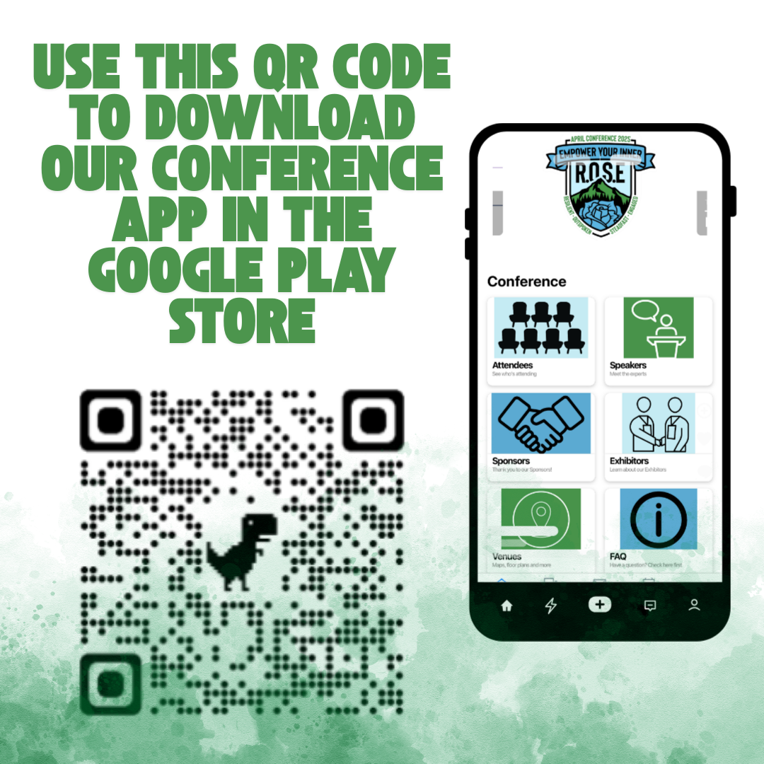 Use this QR code to download our conference app in the Google Play Store. QR code on the bottom left of the image. Screenshot of the APRIL App homepage on the whole right-side of the image.