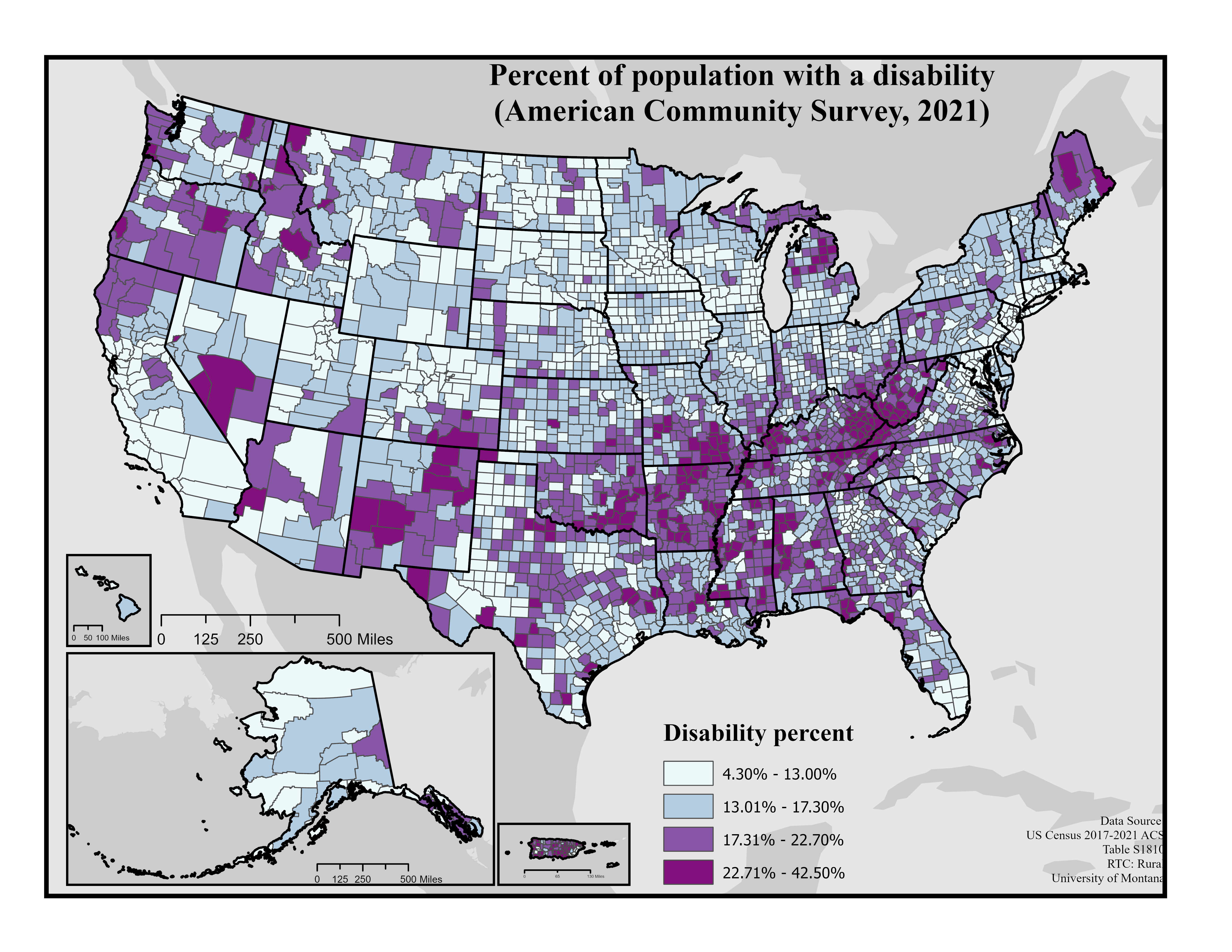 A map of United States counties showing the percentage of people with disabilities in each county in 4 shades of light to dark purple. Counties with percentages of 4.3% to 13% are shaded the lightest, then slightly darker are counties with rates from 13.01% to 17.3%, then slightly darker are counties with rates of 17.31% to 22.7%, the darkest shade of purple is for counties with the highest rates, 22.71% TO 42.5%. Counties with the highest rates of disability are found throughout the country with concentrations in Puerto Rico, Appalachia, Arkansas, Oklahoma, New Mexico, Oregon, Northern Idaho, Northern Maine and northern Michigan.