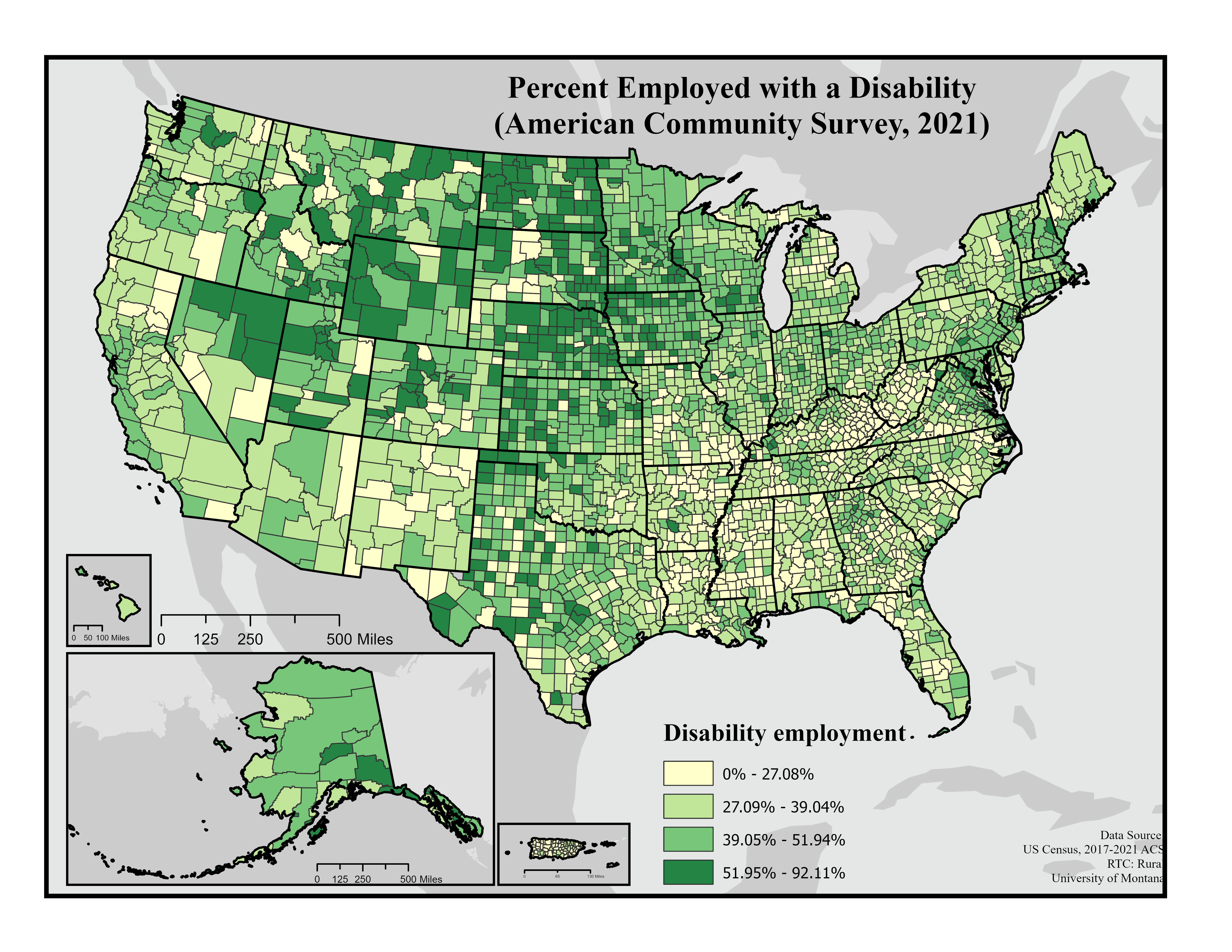 A map of the United States counties showing the percentage of people with disabilities who are employed in each county in four shades of light yellow to dark green. Counties with percentages of 0% to 27.08% are light yellow, then in light green are counties with percentages of 27.09% to 39.04%, then in darker green percentages of 39.05%-51.94% and in darkest green counties with percentages from 51.95% to 92.11%. Counties with the highest percentages of employed people with disabilities are found throughout the Great Plains states, across the Rocky Mountain West and throughout Alaska.