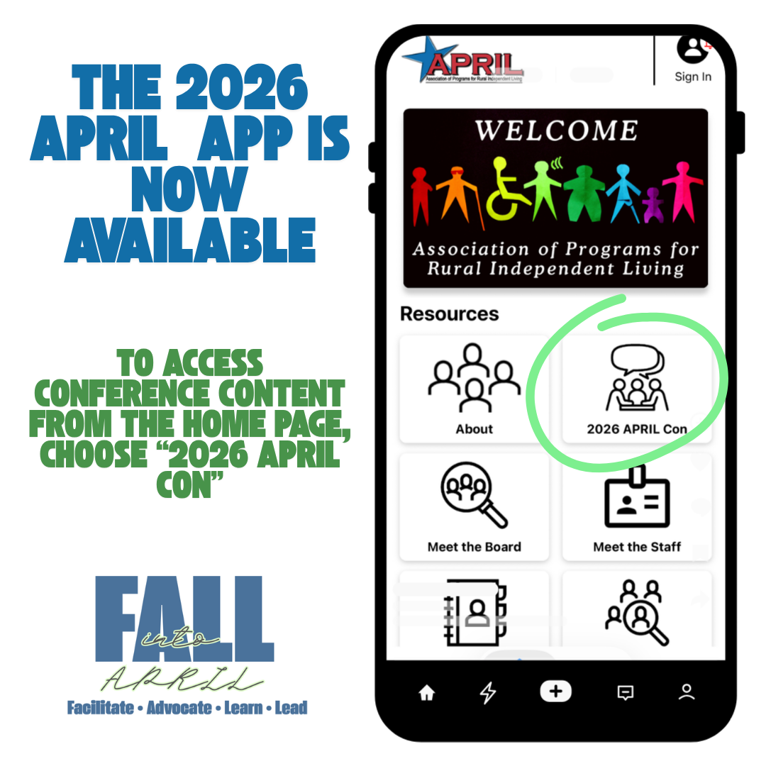 Screenshot of the homepage of the APRIL Rural App with text that says "The 2026 APRIL App is Now Available. To access Conference Content form the home page, choose ' 2026 APRIL Con'" with that icon circled on the screenshot to the right.