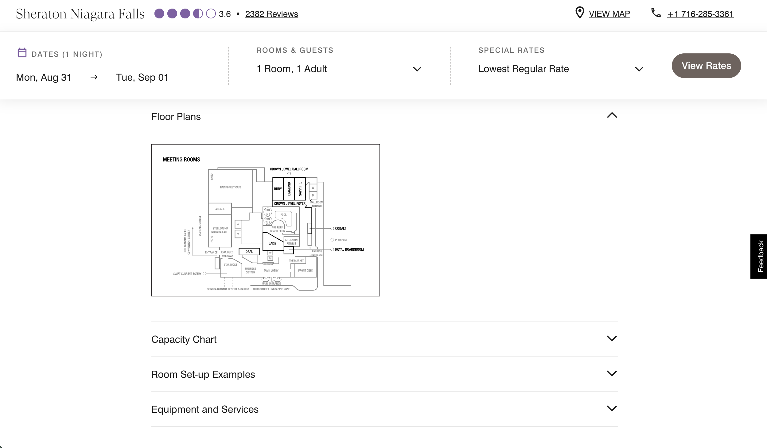 Screenshot of the Sheraton Niagara Falls Conference Center website that shows where to find the Conference Room Floor Plan layout. It is towards the bottom of the page.