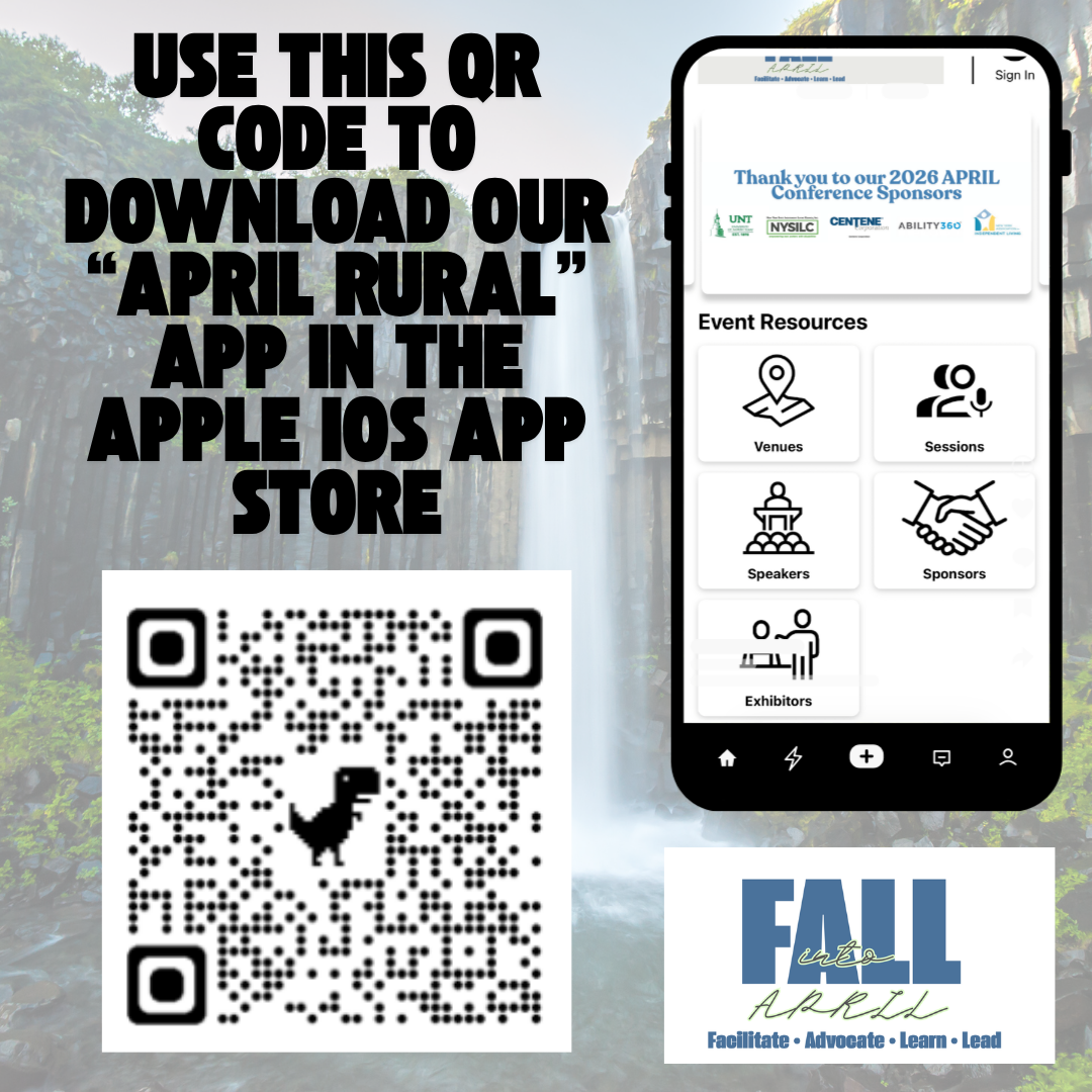 Screenshot of the Conference event page for the 2026 Conference on the APRIL Rural app. A QR code is present that will take someone to a download link to download the APRIL rural app from the Apple iOS store.
