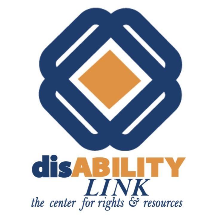 Disability Link logo in dark blue and orange color scheme. Under the logo are the words "disABILITY link. The center for rights and resources."